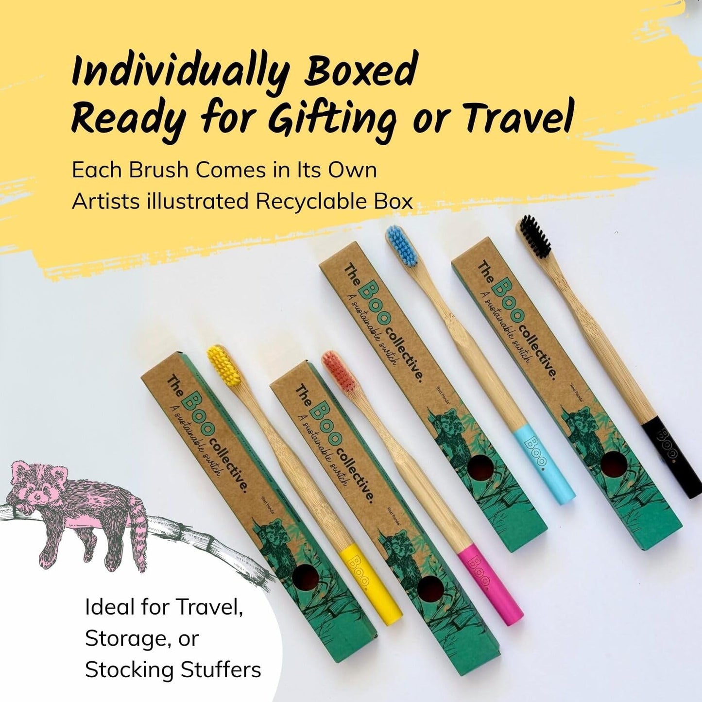 Set of bamboo toothbrushes with branded boxes on a white background, featuring text about gifting and travel.