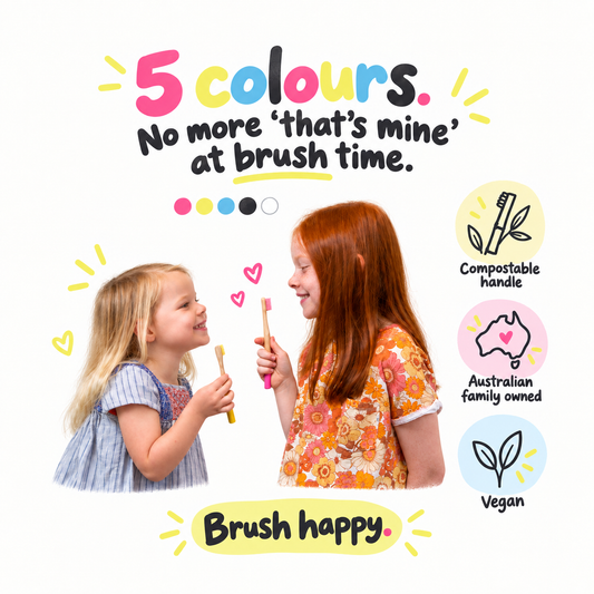 Two young girls smiling and brushing their teeth on a white background, surrounded by colorful marketing text and icons highlighting product features: '5 colours. No more 'that's mine' at brush time.