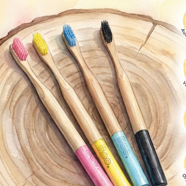 Set of four colorful toothbrushes on a wooden surface
