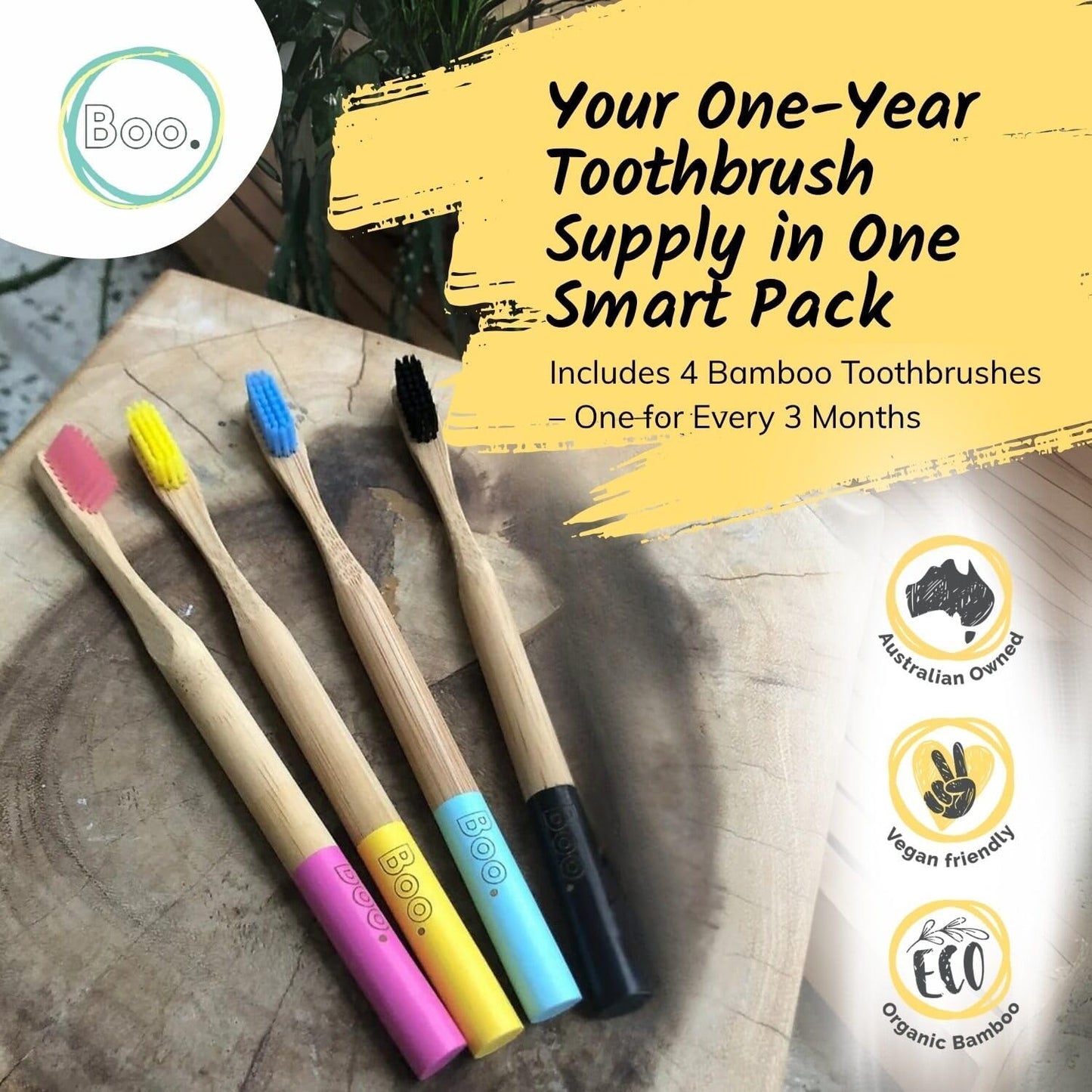 Bamboo Adult Toothbrush Set – Soft Bristles |  4 Pack