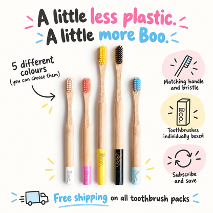 Five bamboo toothbrushes in different color combinations are displayed on a white background with promotional text and icons. The toothbrushes have matching bamboo handles and colorful bristles, with the brand name 'Boo.