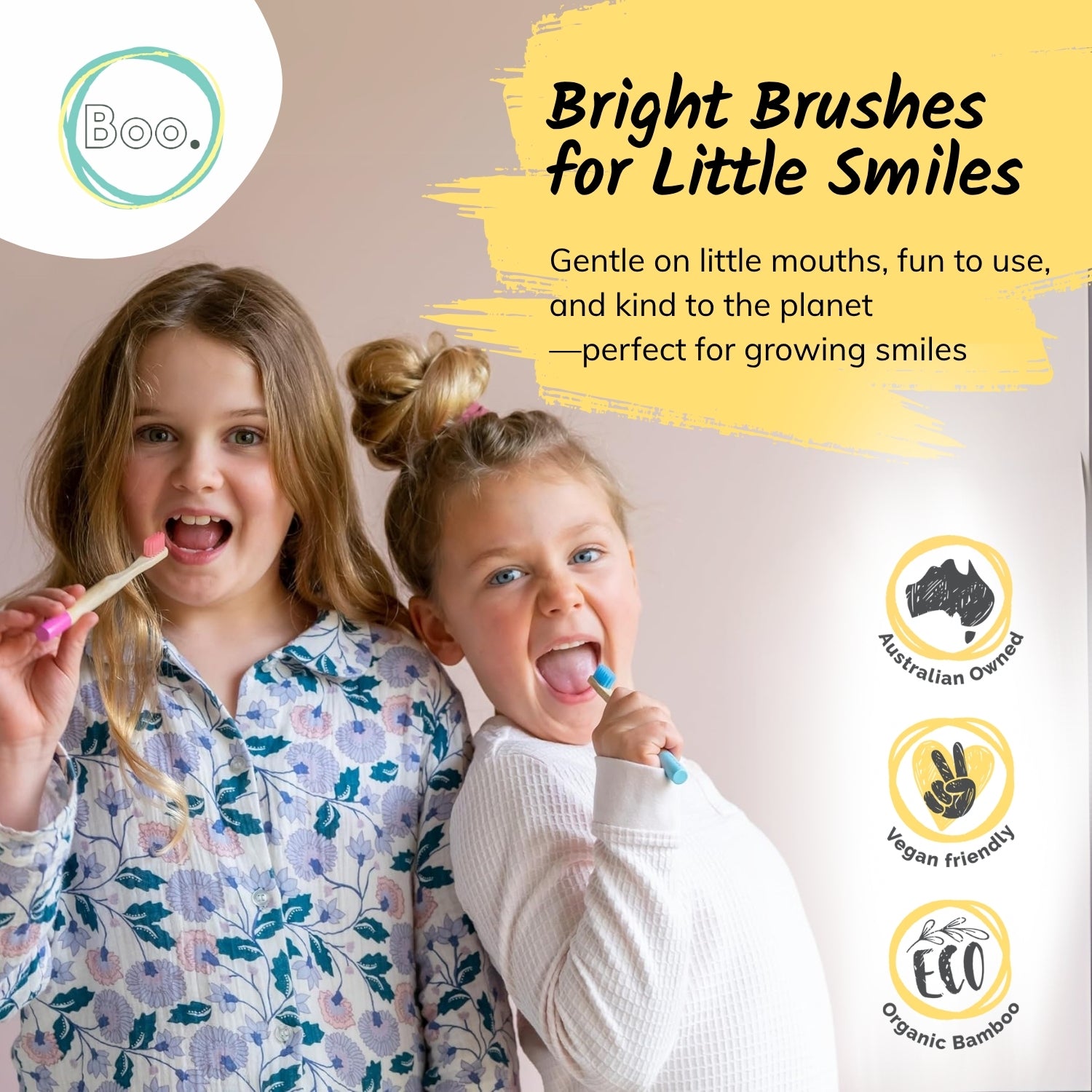 Two children brushing their teeth with toothbrushes, promotional image for 'Boo' brand, featuring text and logos about product features.