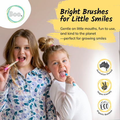 Two children brushing their teeth with toothbrushes, promotional image for 'Boo' brand, featuring text and logos about product features.