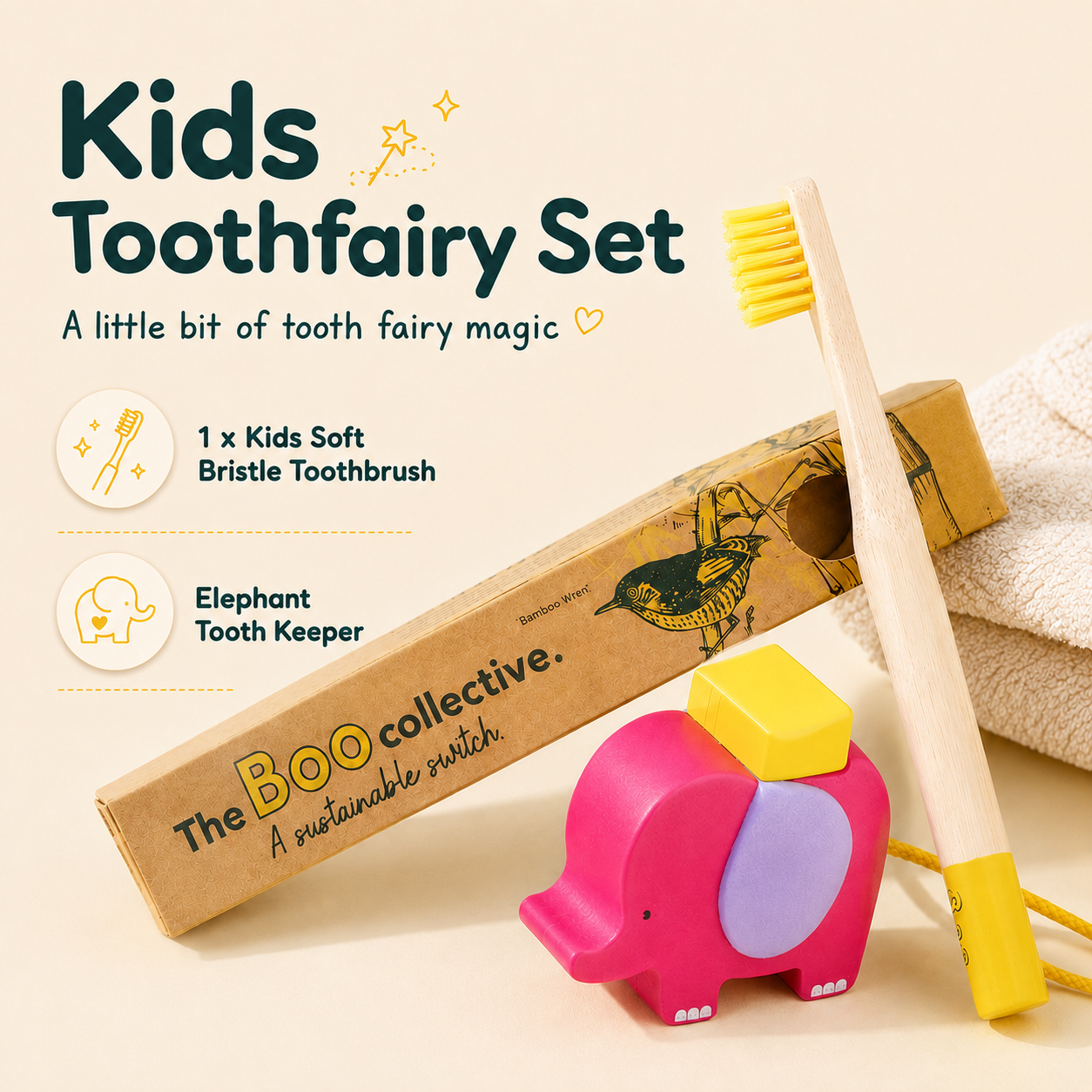 Kids Toothfairy Set by The Boo Collective, featuring a wooden elephant toothbrush holder, a pink and purple elephant toy, a soft bristle toothbrush with a wooden handle, and its kraft paper packaging box on a light beige background.