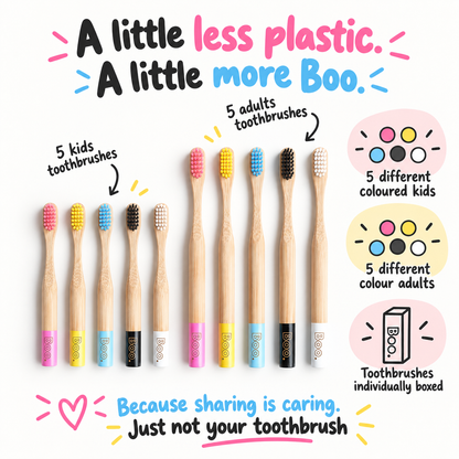A promotional graphic for Boo toothbrushes showing five bamboo toothbrushes for kids and five for adults, each in a different color, arranged in rows with text callouts and icons on a white background.