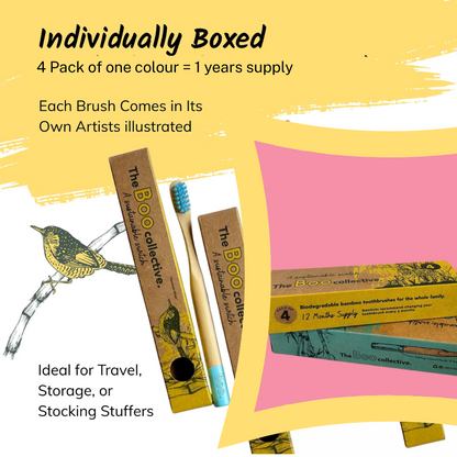 Bamboo toothbrushes individually boxed in plastic-free packaging