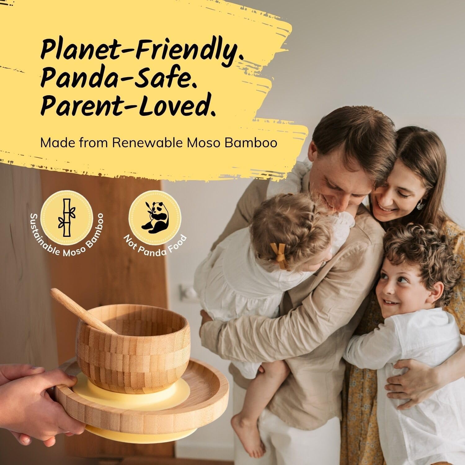 Family with a planet-friendly bamboo product, emphasizing sustainability.