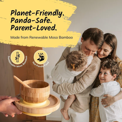 Family with a planet-friendly bamboo product, emphasizing sustainability.