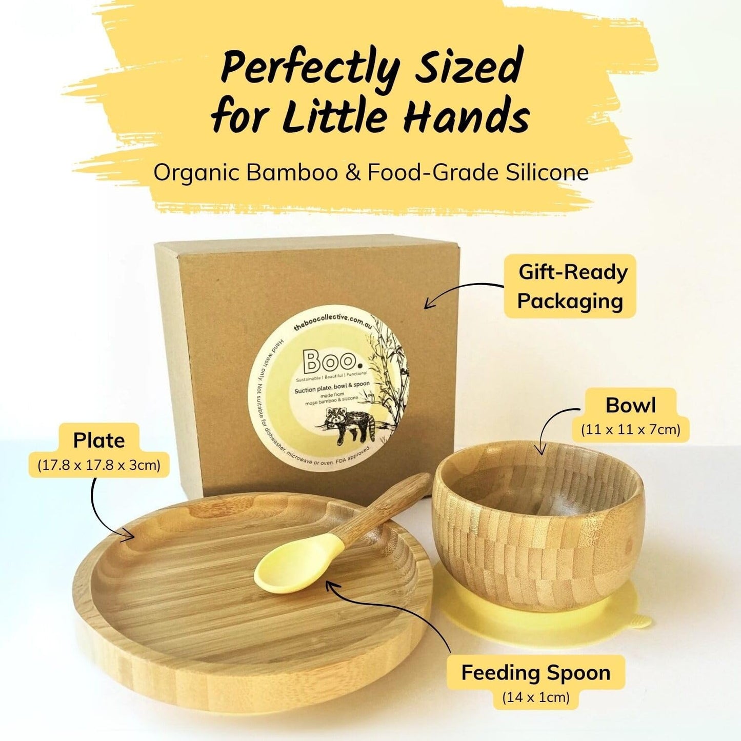 Bamboo children's tableware set with packaging labeled 'Boo' on a light background.