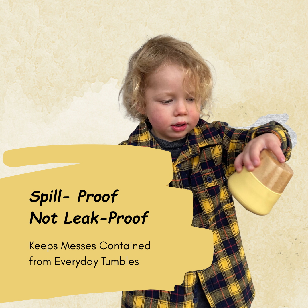 Child in plaid shirt holding a container with text about spill-proof and leak-proof features on a beige background
