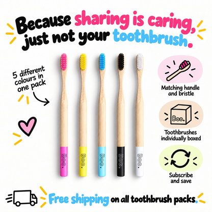 Five bamboo toothbrushes in different handle colors (pink, yellow, light blue, black, and white) are shown in a row on a white background with promotional text and icons. The brand name 'Boo.
