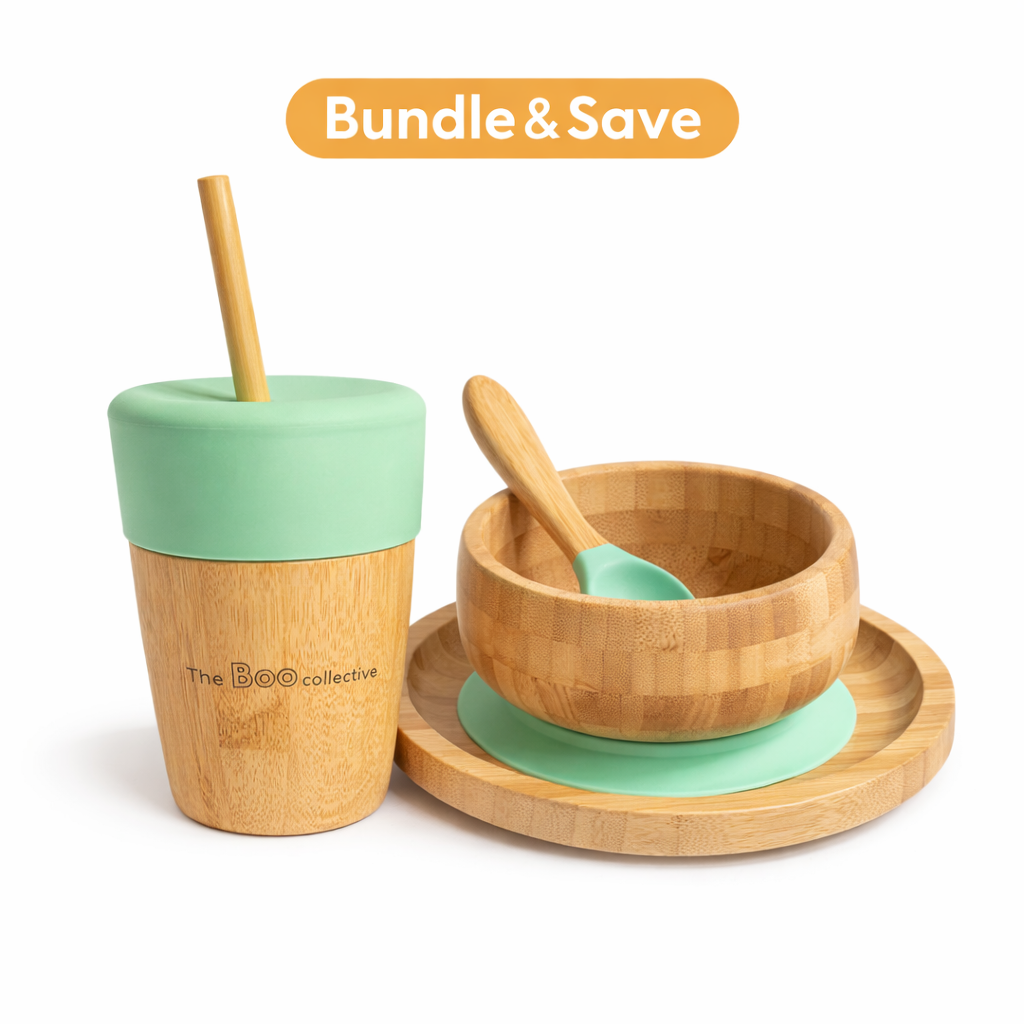 Bamboo cup, bowl with spoon, and plate set with 'The Boo collective' branding on a white background.