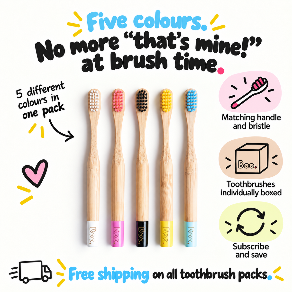 A promotional graphic showing five bamboo toothbrushes in different colors (white, pink, black, yellow, and blue) lined up on a white background with marketing text and icons.