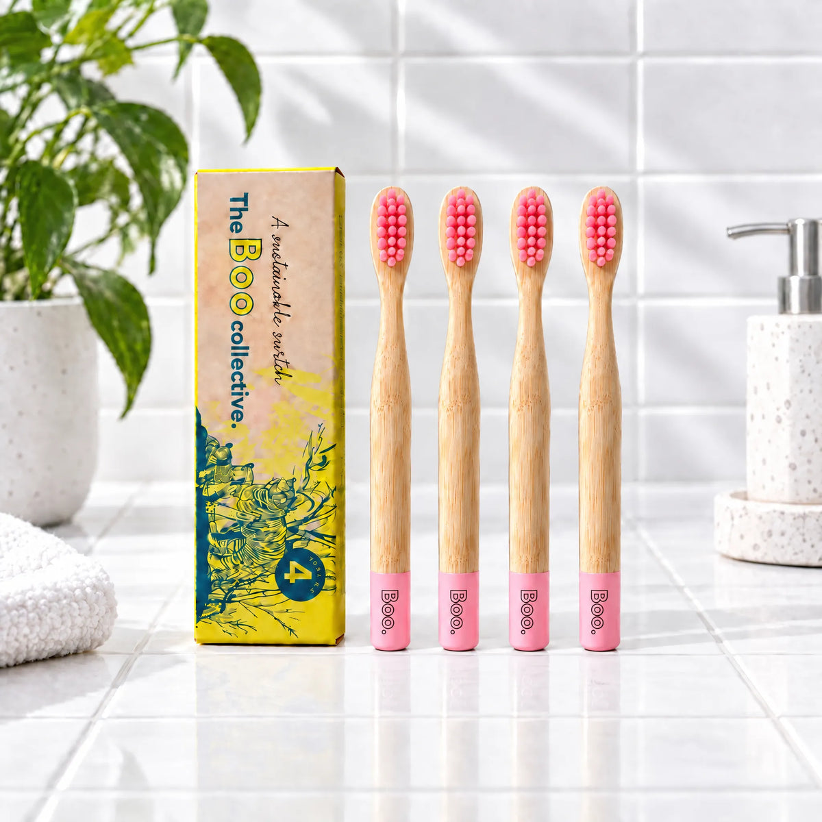 Boo kids bamboo toothbrush four pack in pink