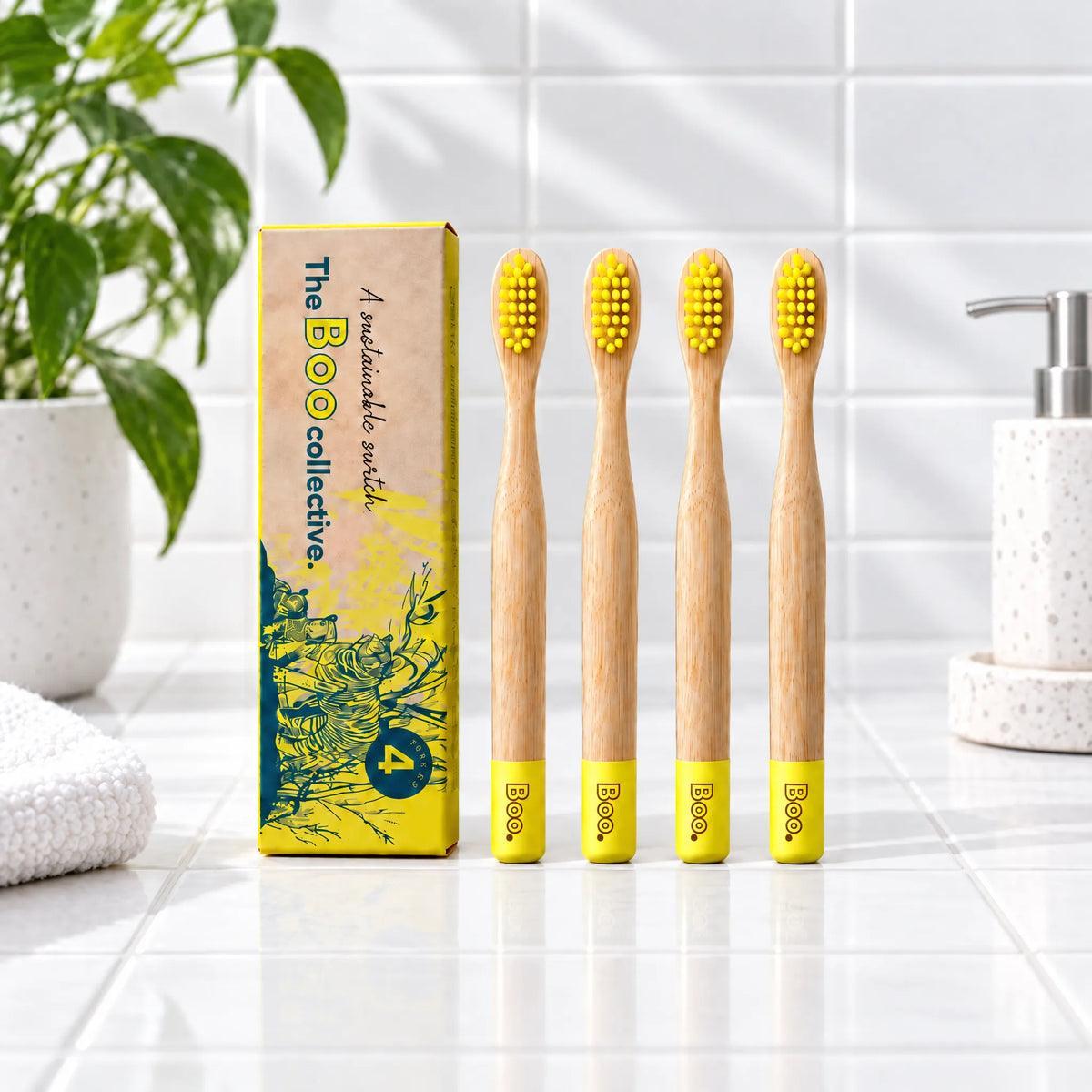 Boo kids bamboo toothbrush four pack in yellow